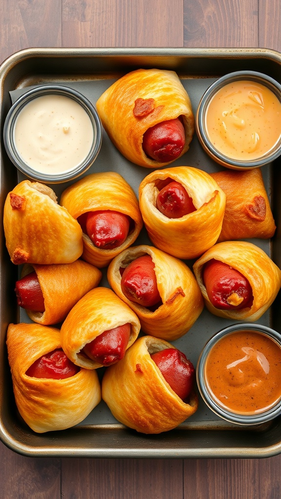 Pigs in a Blanket served with dipping sauces.