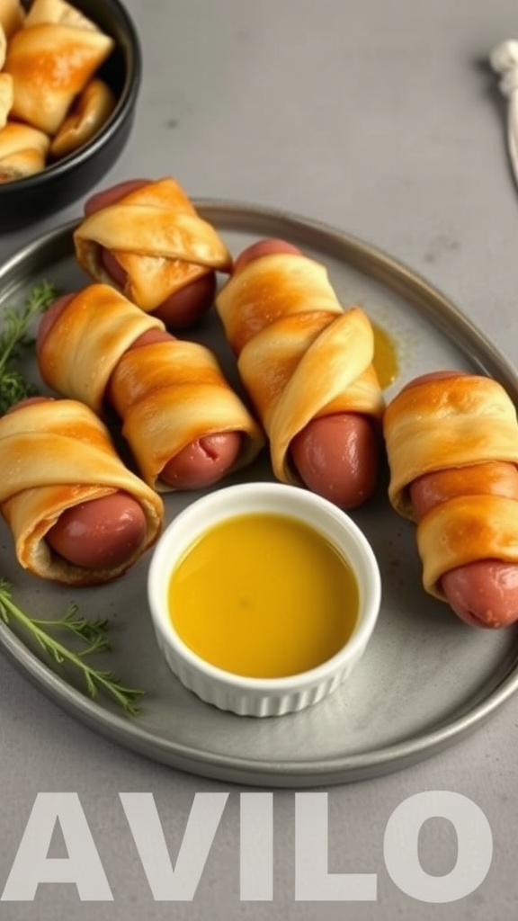 A plate of Pigs in a Blanket served with mustard dip.