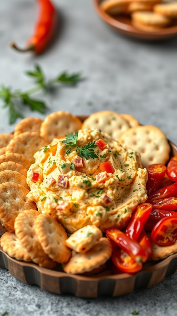 A bowl of pimento cheese spread surrounded by crackers and vegetables.