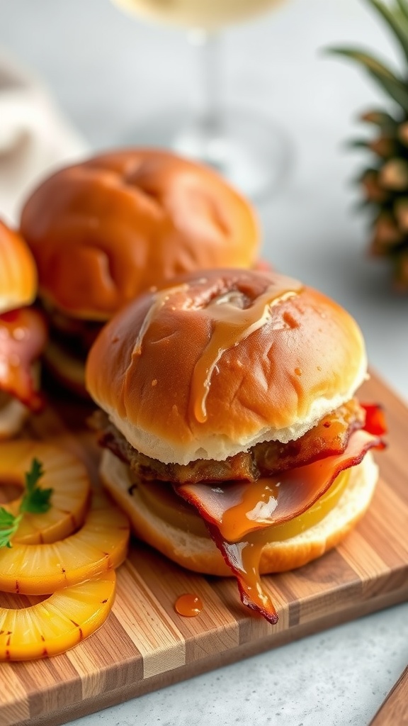 Pineapple and glazed ham sliders with a drizzle of sauce