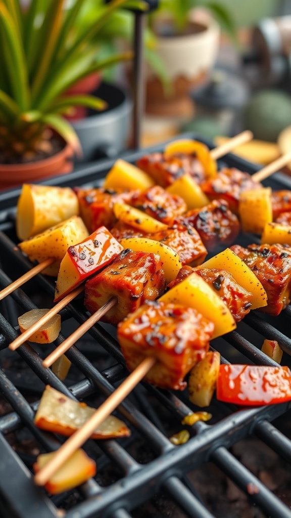 Pineapple BBQ pork skewers on a grill, showcasing colorful pieces of pork and pineapple.