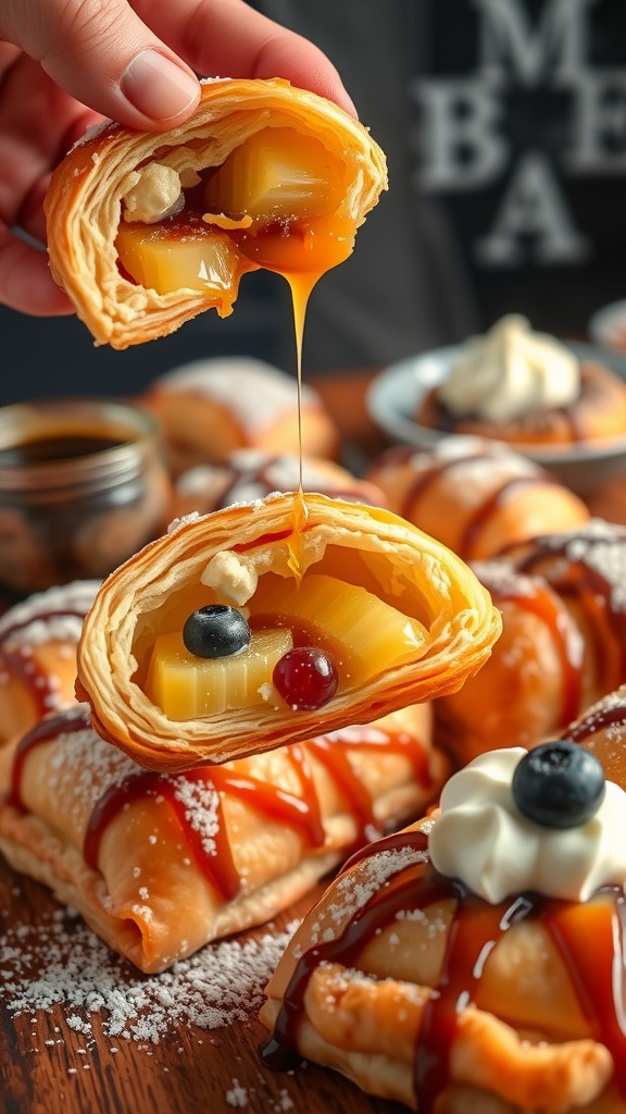 A close-up of a pineapple coconut puff pastry strudel revealing its filling.