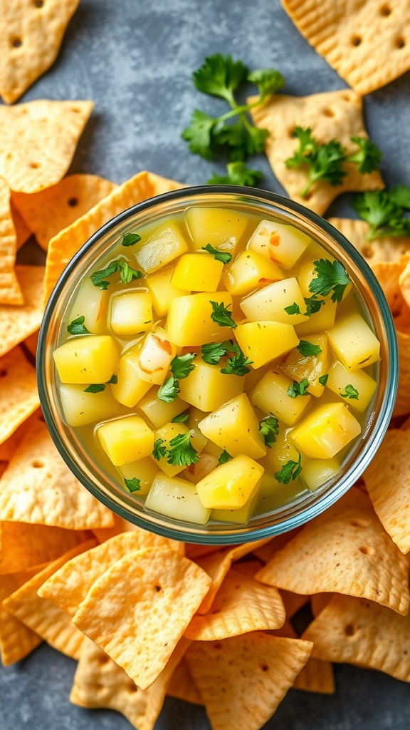 A bowl of pineapple salsa with cilantro surrounded by tortilla chips.