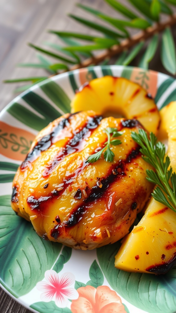 Grilled chicken with pineapple slices on a decorative plate.