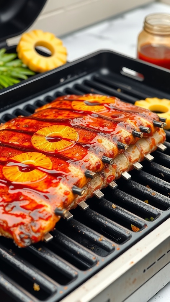 Delicious pineapple teriyaki ribs on a grill with pineapple slices