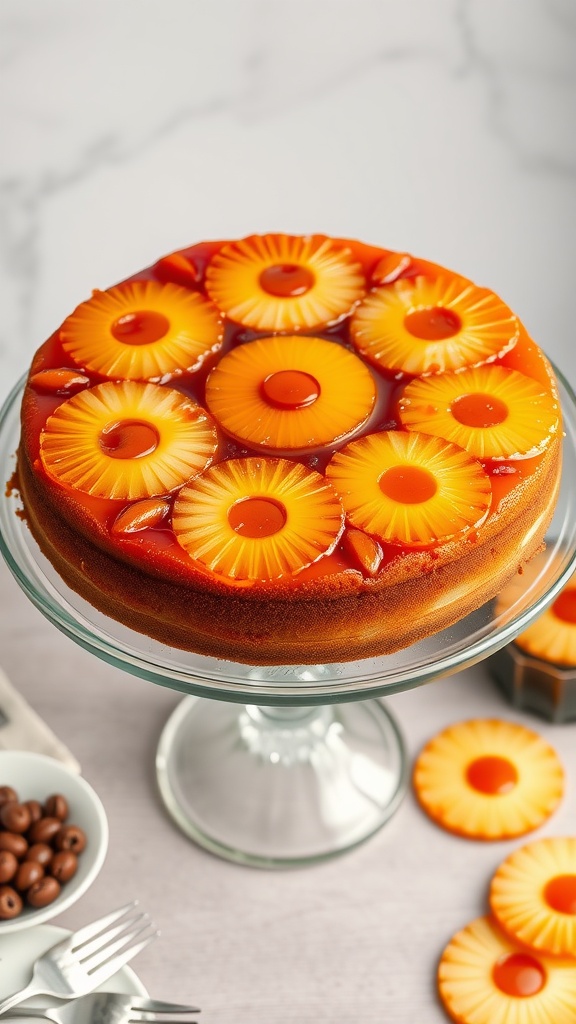 Pineapple Upside-Down Cake with pineapple rings and cherries on top