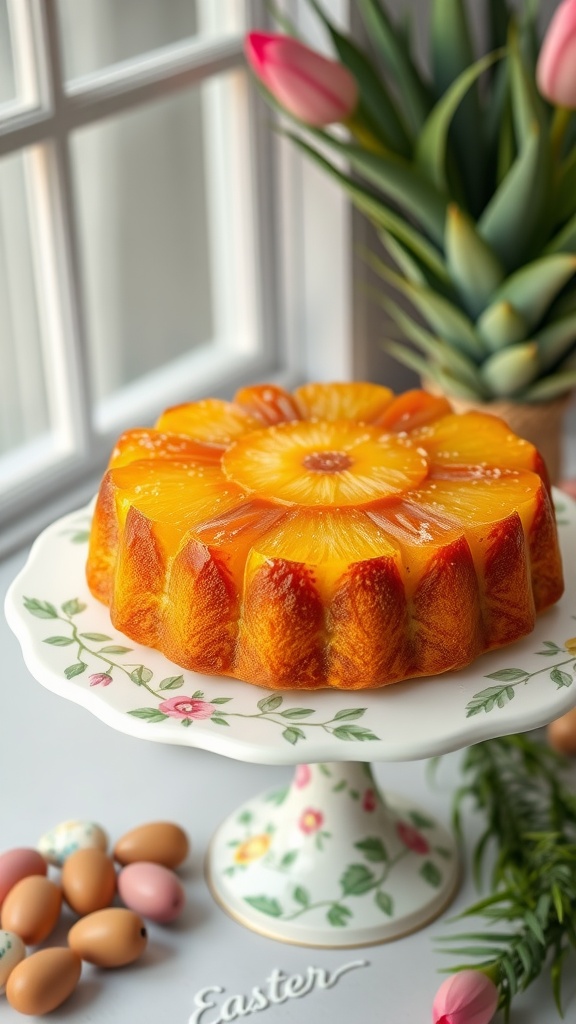 A beautifully decorated Pineapple Upside Down Cake on a floral cake stand, surrounded by pastel-colored Easter eggs.
