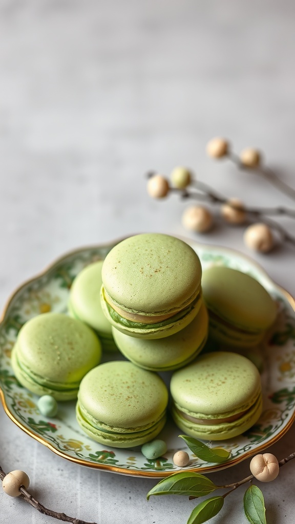 A plate of beautifully arranged pistachio macarons with a light green hue.