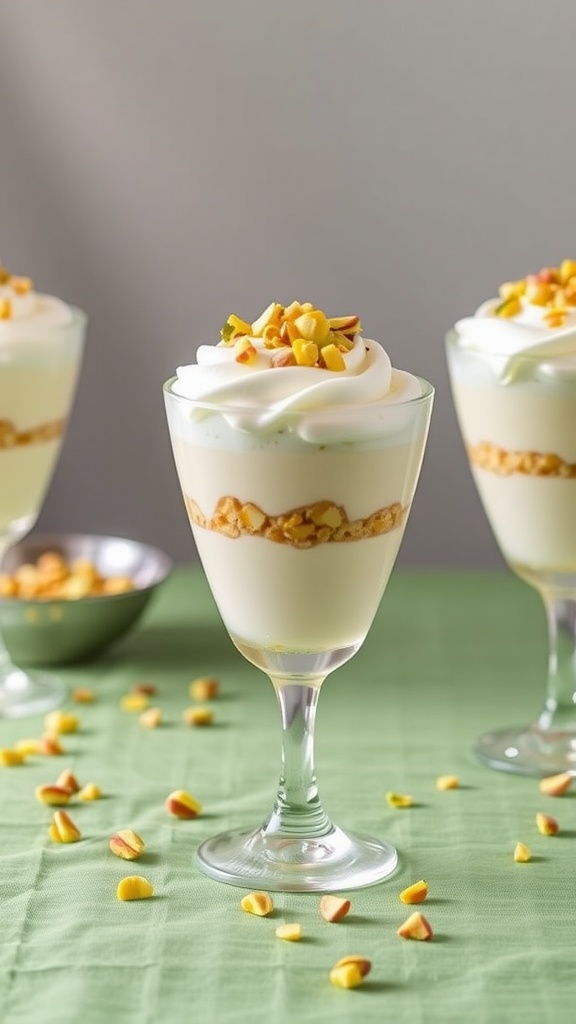 Delicious pistachio pudding parfaits in glasses topped with crushed nuts