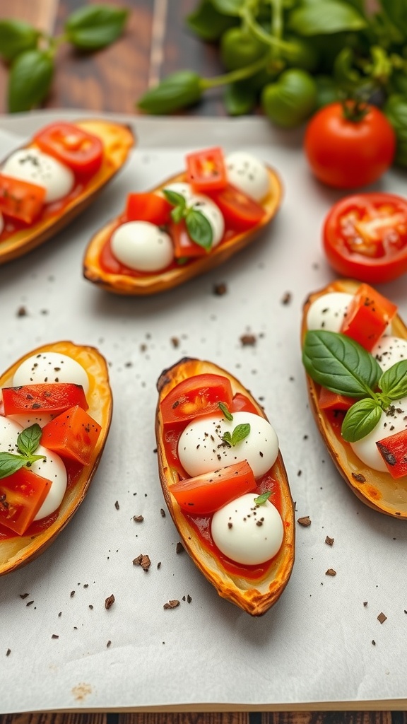 Delicious Pizza Margherita Potato Skins topped with mozzarella, tomatoes, and basil.