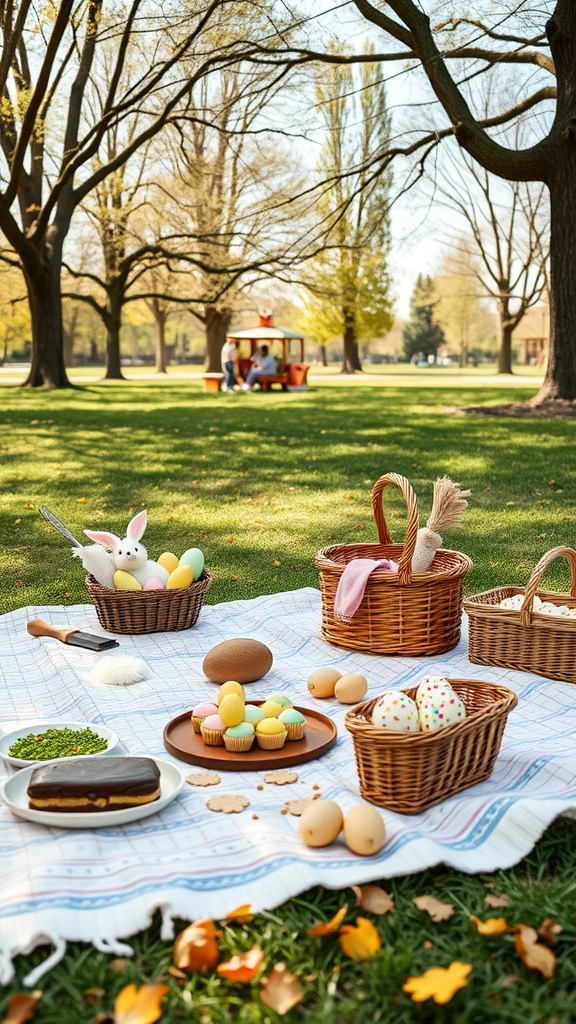 A colorful picnic setup with baskets, decorative eggs, and a variety of sweet treats.