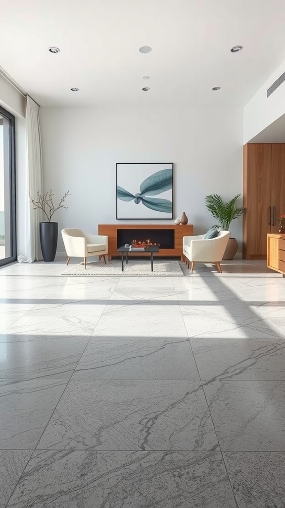 A modern living space with platinum gray epoxy flooring, featuring minimalist decor and natural light.