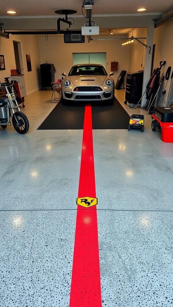 A stylish garage featuring a polished epoxy floor with a red line decoration and a car parked in front.