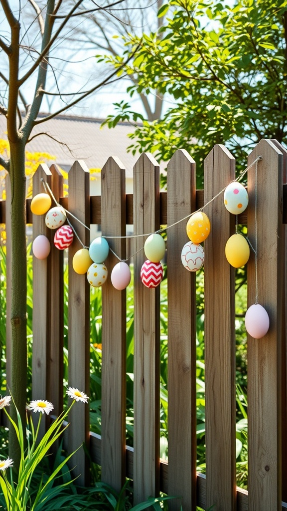 A colorful garland of eggs draped over a wooden fence surrounded by greenery and flowers.