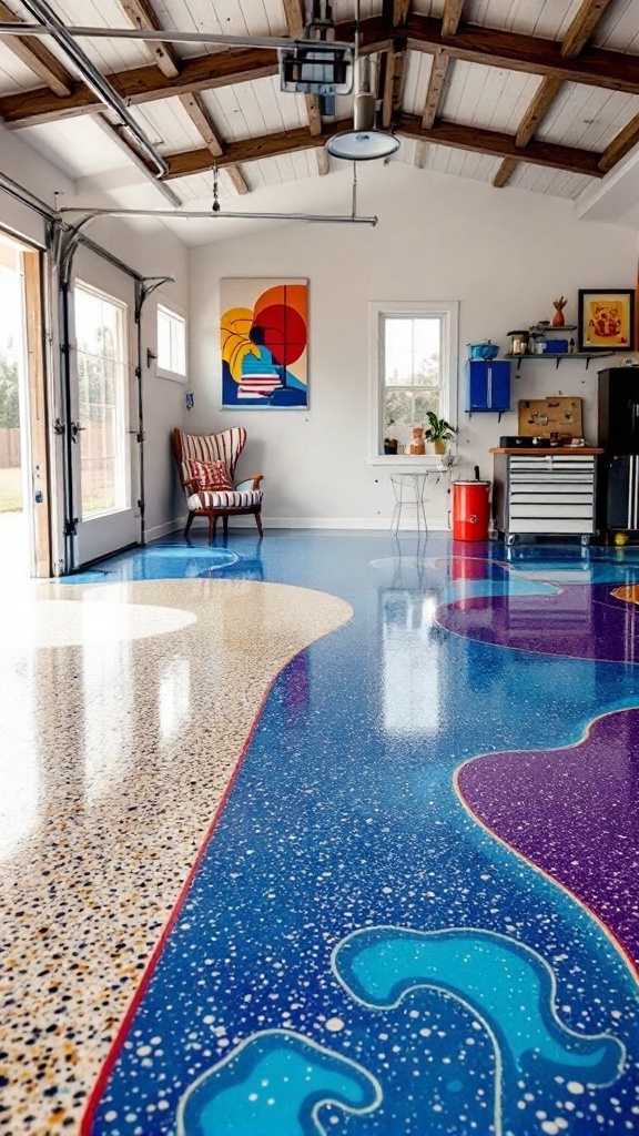 A colorful epoxy floor in a modern garage featuring playful retro designs with blue and purple swirls.