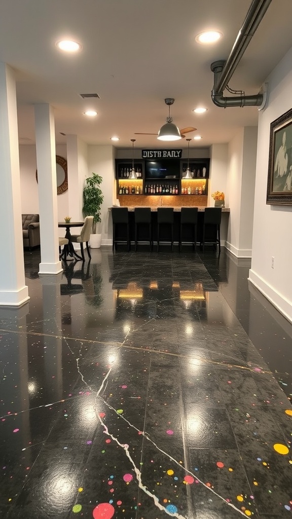 Colorful splatter design on a black epoxy basement floor with a bar area.