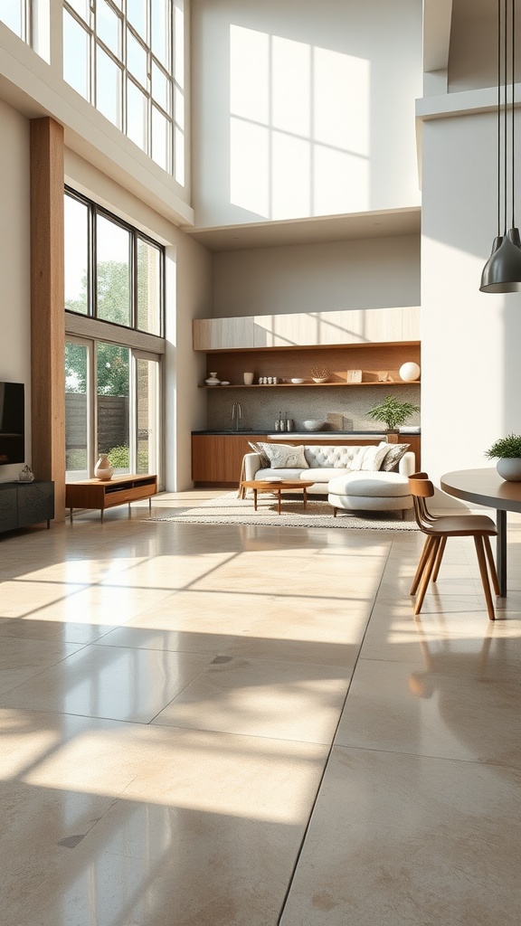 A modern living room with tan polished concrete floors, large windows, and stylish furniture.
