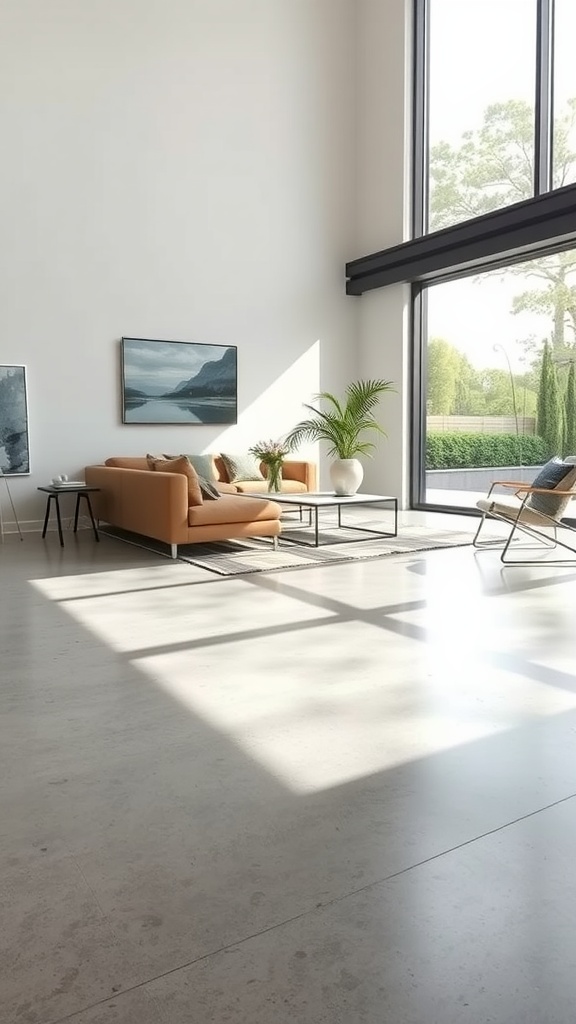 A bright modern home interior featuring polished concrete floors, large windows, and a spacious layout.