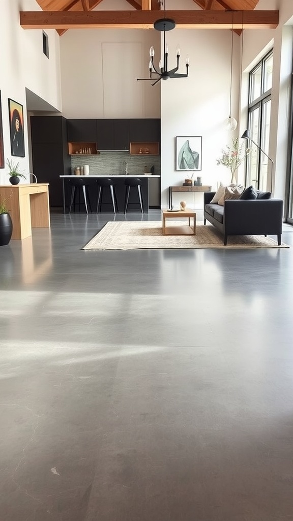 A modern living room featuring polished concrete floors, wooden beams, and contemporary furniture.