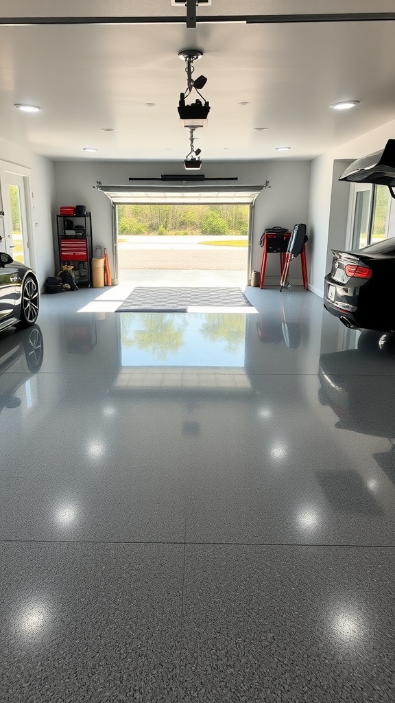 A modern garage with a polished concrete epoxy floor, showcasing a sleek and clean design.