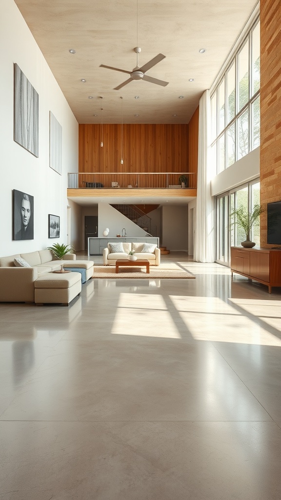 A spacious living room with polished concrete floors, large windows, and wooden accents.
