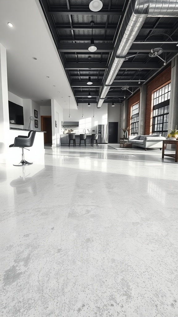 A spacious room with polished white and grey epoxy floors and modern decor.
