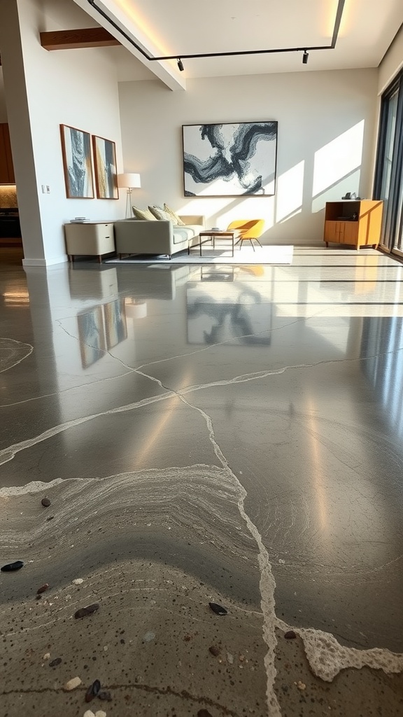 Living space showcasing polished concrete floor with decorative elements and modern decor.
