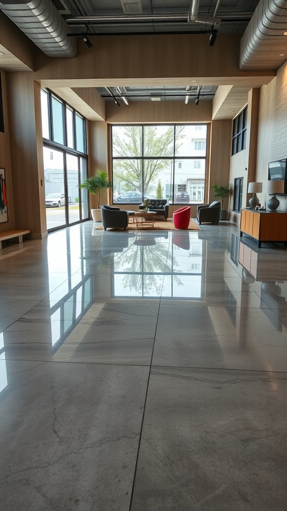A spacious modern interior featuring polished concrete flooring with reflections, large windows, and minimalistic furnishings.