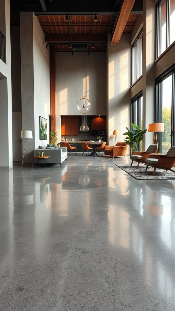 A modern living space featuring polished concrete flooring with radiant heating, showcasing a sleek design and spacious layout.