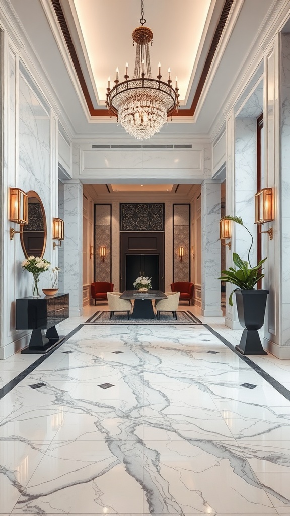 Polished marble floor with swirling veins in white and gray, featuring the word 'SANET'.