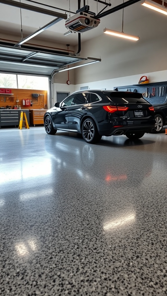 A glossy speckled epoxy garage floor with a black car parked inside a well-lit garage.