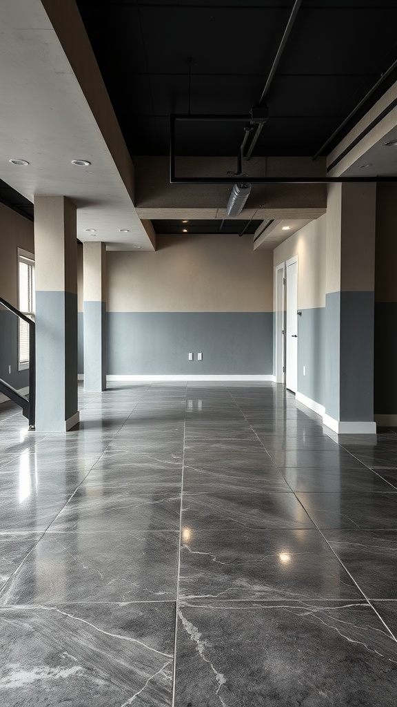 Modern basement with gray epoxy flooring and neutral walls