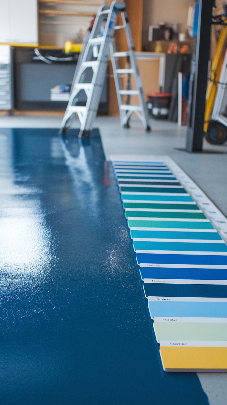 Color samples lined up next to a shiny blue epoxy garage floor.