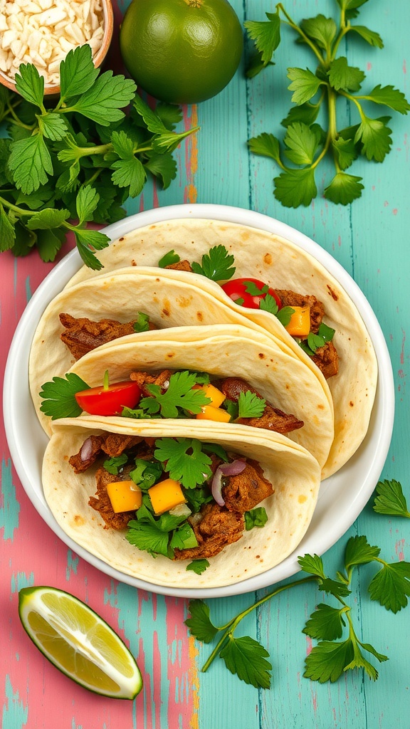 Pork Verde Tacos served with fresh ingredients and lime