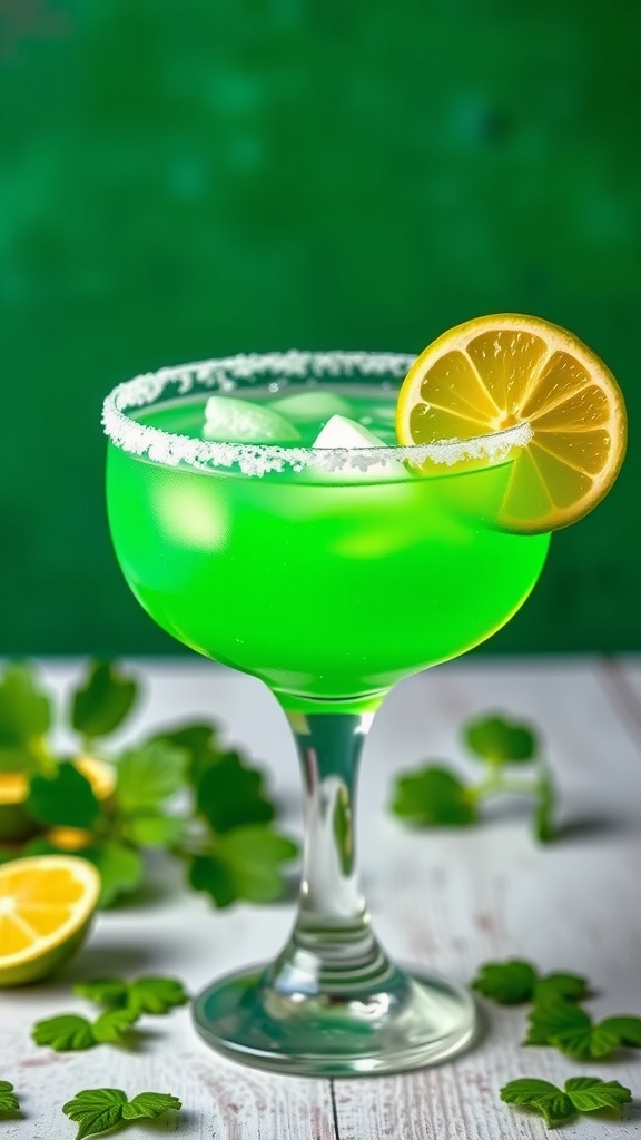 A vibrant green margarita in a glass, garnished with a lemon slice and mint, ready for St. Patrick's Day.