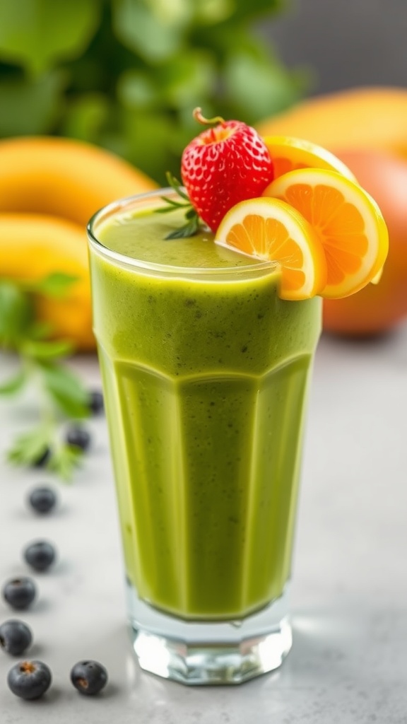 A vibrant green smoothie topped with fresh fruits and lemon slices.