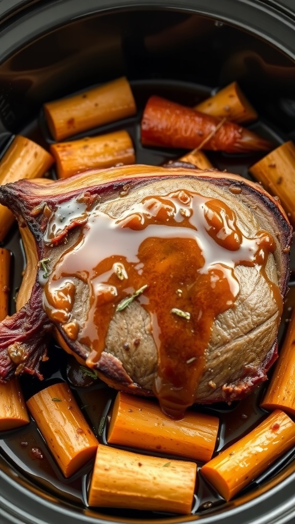 A pot roast with root vegetables in a crockpot, showcasing tender beef surrounded by carrots and potatoes.