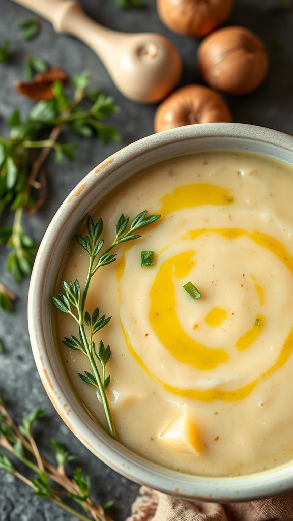 A bowl of creamy potato and leek soup garnished with fresh herbs and a drizzle of olive oil.