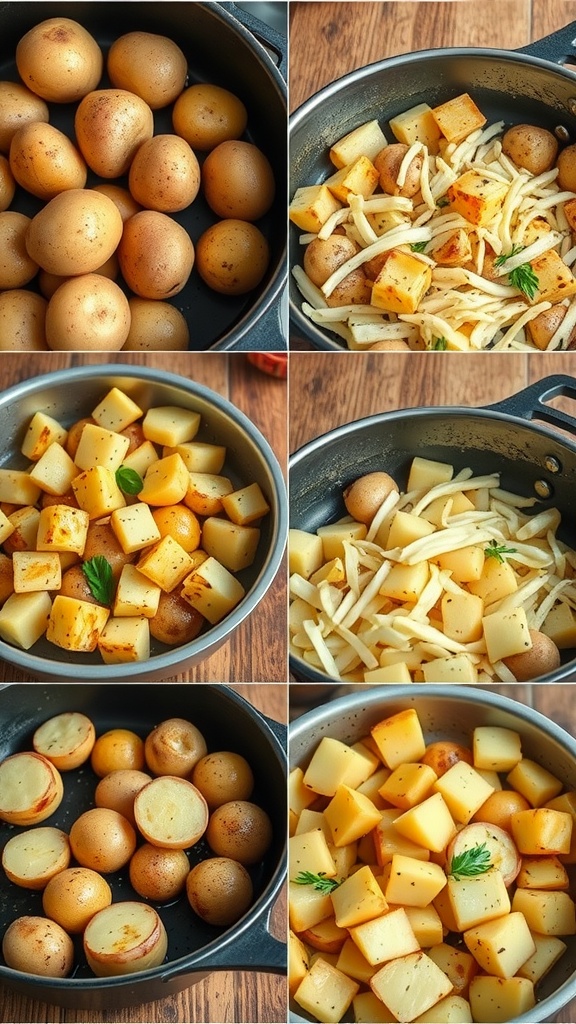 A collage of steps showing different potato cooking techniques.