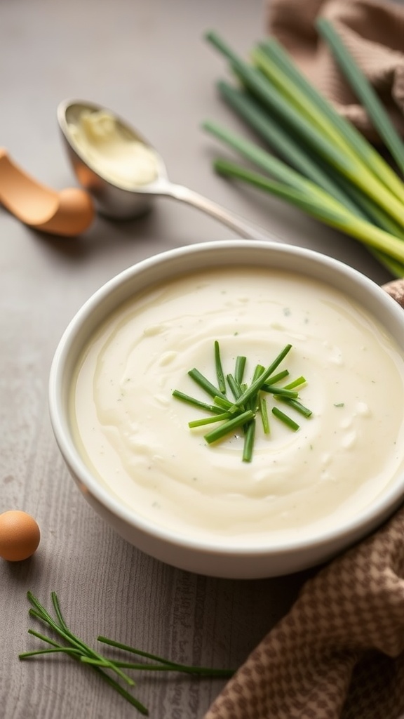 A bowl of creamy potato leek soup garnished with chives
