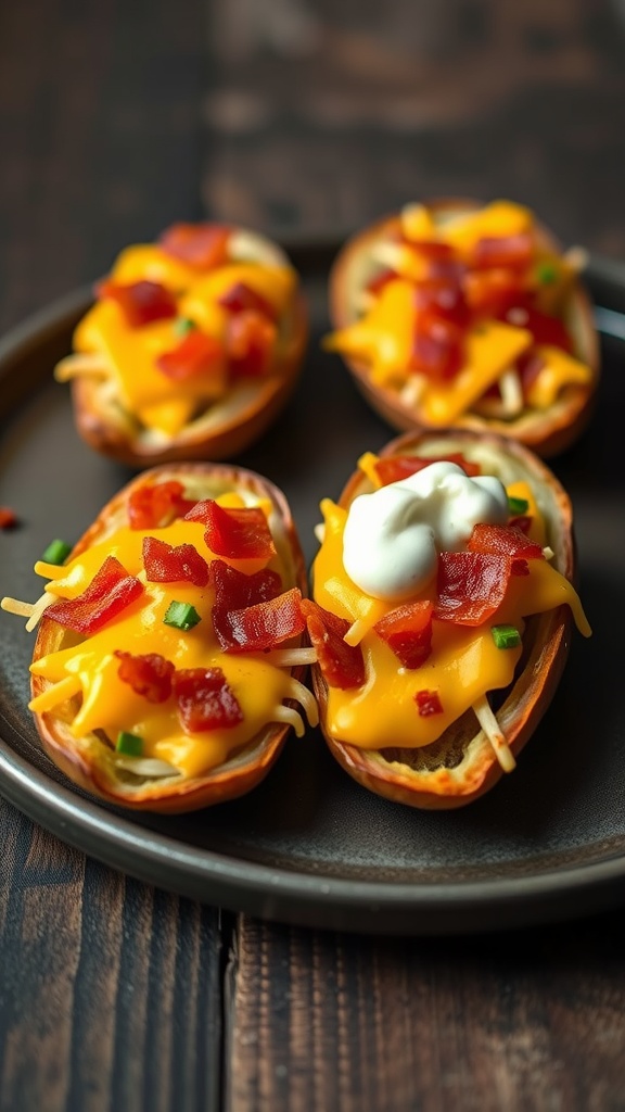 Delicious loaded potato skins topped with cheese, bacon, and sour cream