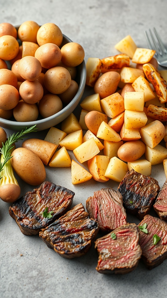An arrangement of small potatoes and cubed steak pieces, showcasing different potato varieties for a garlic butter steak dish.