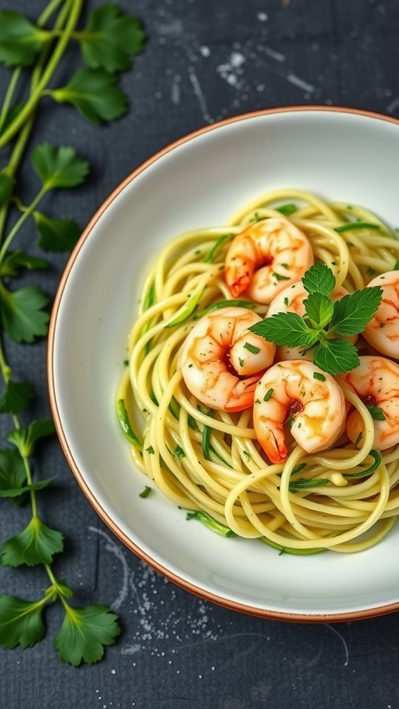A plate of prawn and zucchini noodles garnished with herbs
