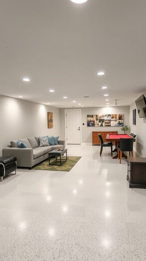 A clean basement space with epoxy floors, tools, and storage items visible.