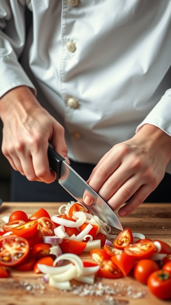 Chopping fresh tomatoes and onions for Pico de Gallo