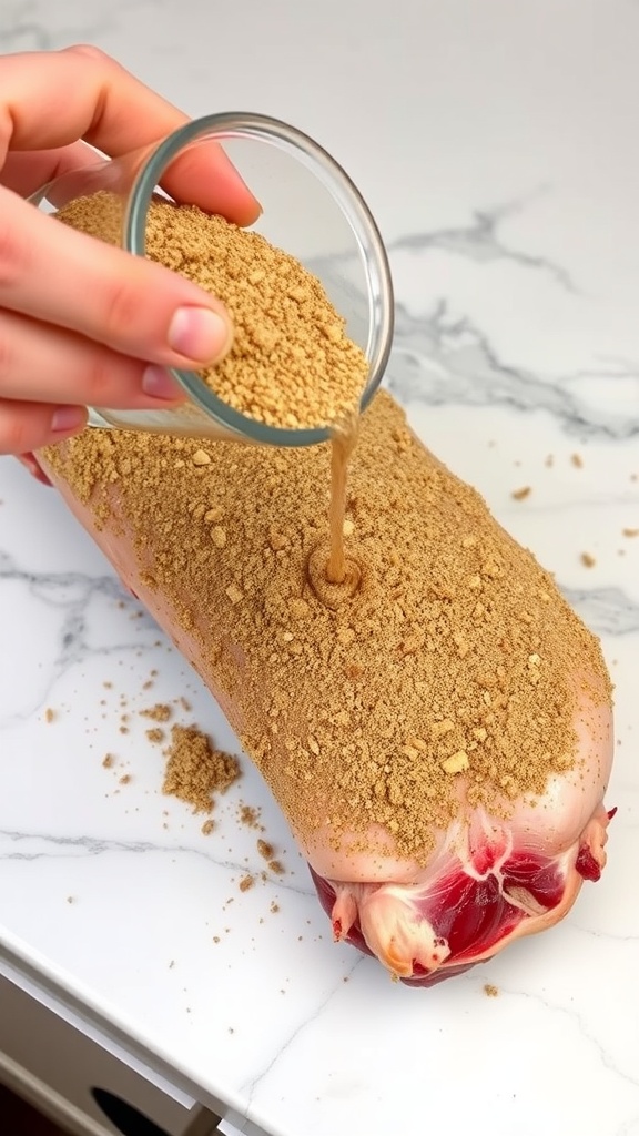 A hand pouring brown sugar onto a pork shoulder coated with a dry rub