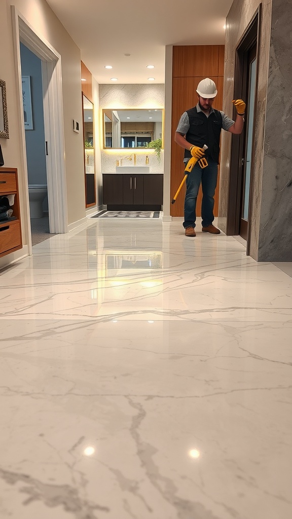 A professional preparing a subfloor for epoxy application in a modern interior.