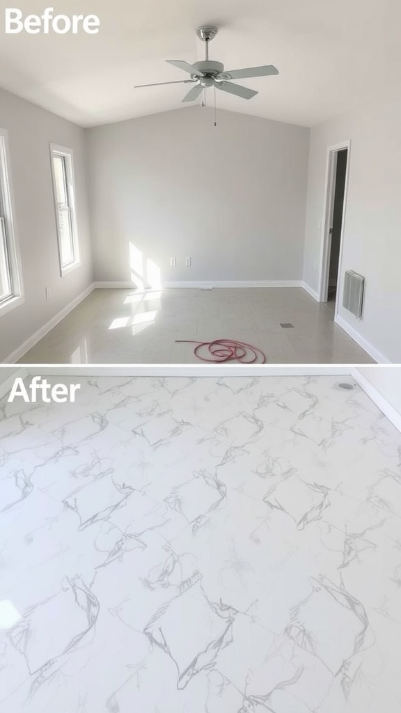 Before and after image of a bedroom floor transformation using epoxy concrete