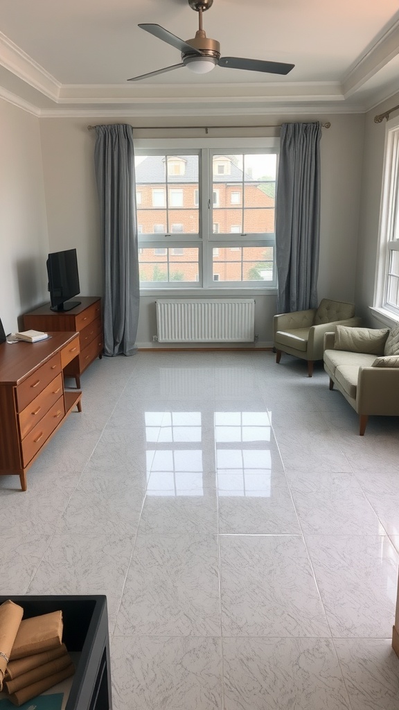 A bright, empty bedroom with a glossy white epoxy floor and minimal furniture.
