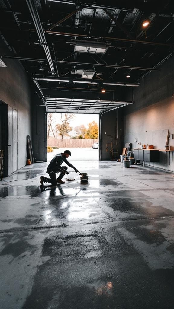 A professional preparing a concrete floor for staining in a modern kitchen.